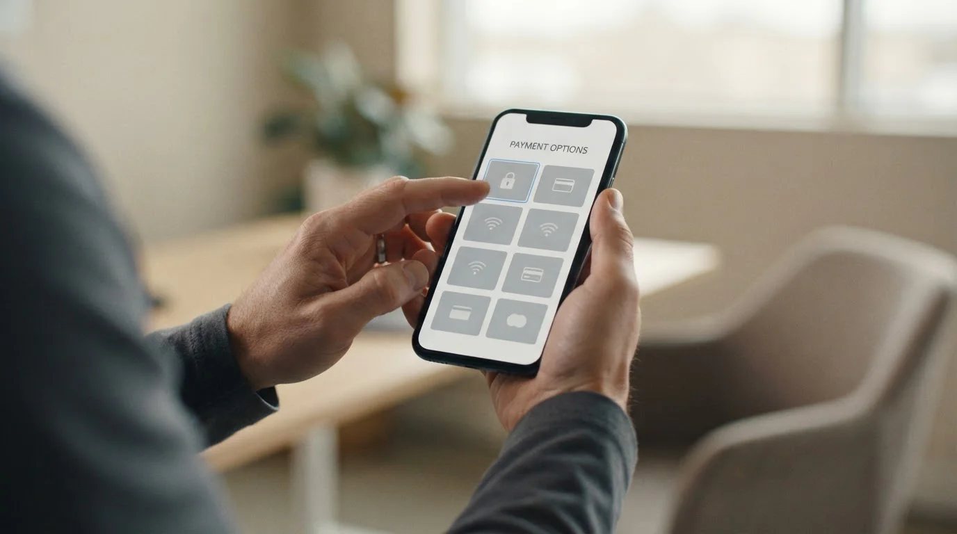 Person wählt digitale Zahlungsmethode auf Smartphone aus