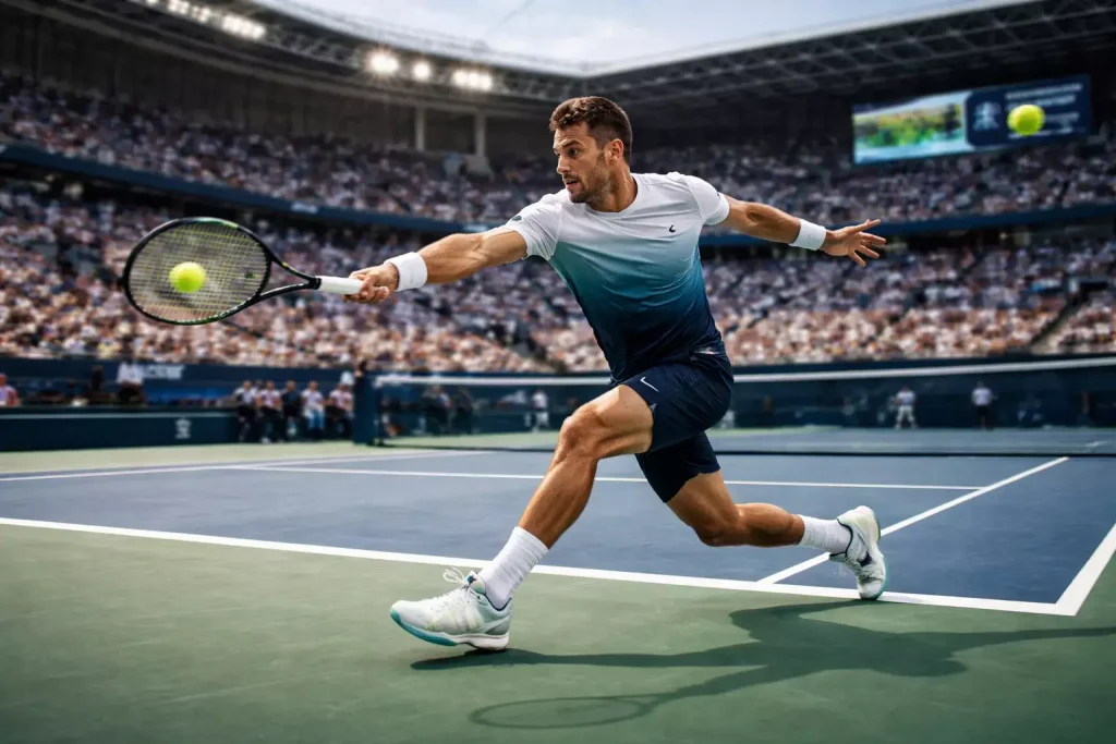 Professioneller Tennisspieler beim Match auf einem großen ATP Masters 1000 Turnier