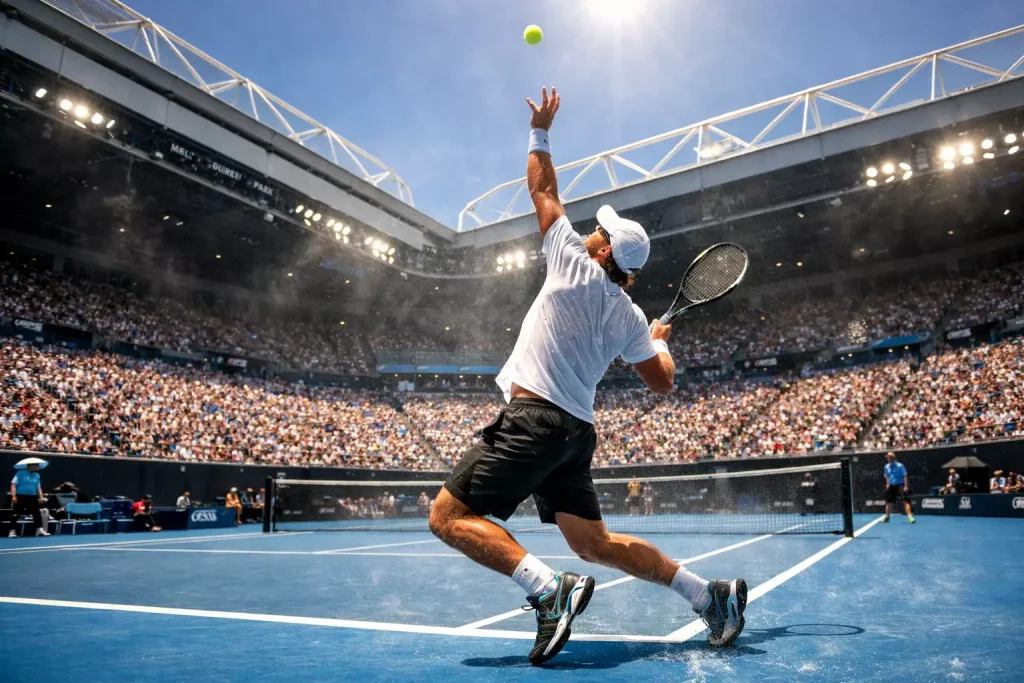 Tennisspieler serviert unter strahlender Sonne im Rod Laver Arena bei den Australian Open