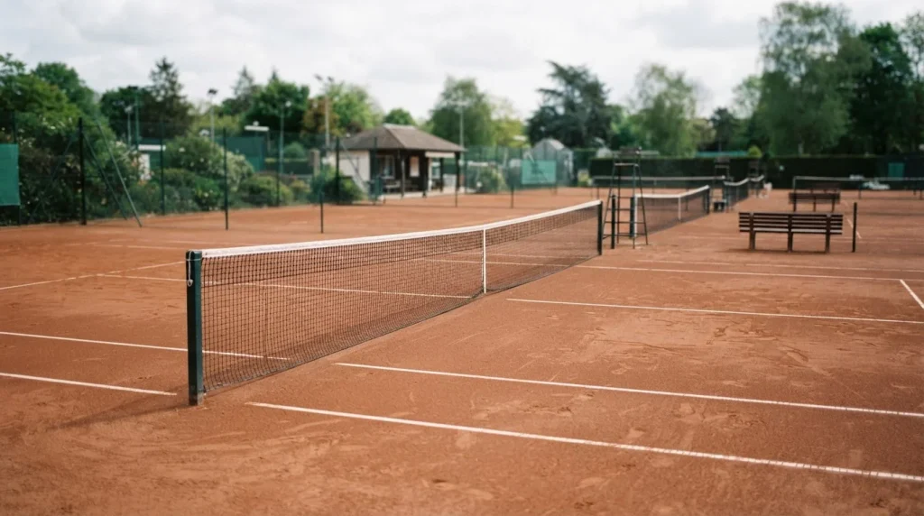 Tennisplatz mit Sandbelag und Netz bei gedämpftem Tageslicht, symbolisch für Davis-Cup-Wetten