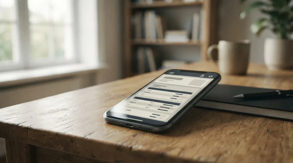Smartphone mit Wett-App-Interface auf neutralem Schreibtisch zur analytischen Bewertung