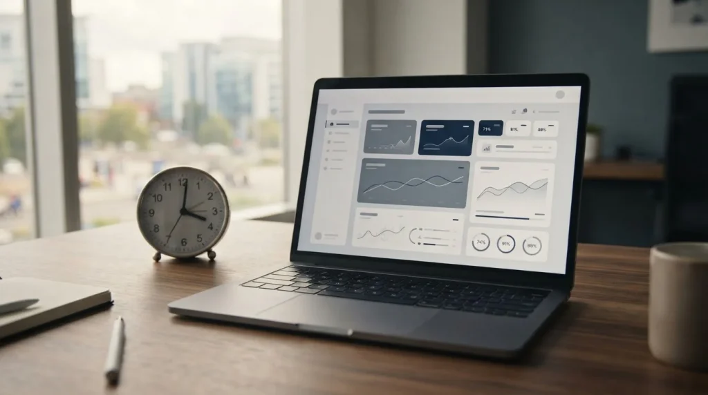 Laptop mit Auszahlungsübersicht und Uhr symbolisieren schnelle Transaktionszeiten bei Wettanbietern