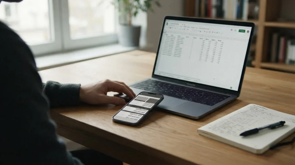 Smartphone mit Sportwetten-App auf neutralem Display neben Laptop in ruhiger Arbeitsumgebung