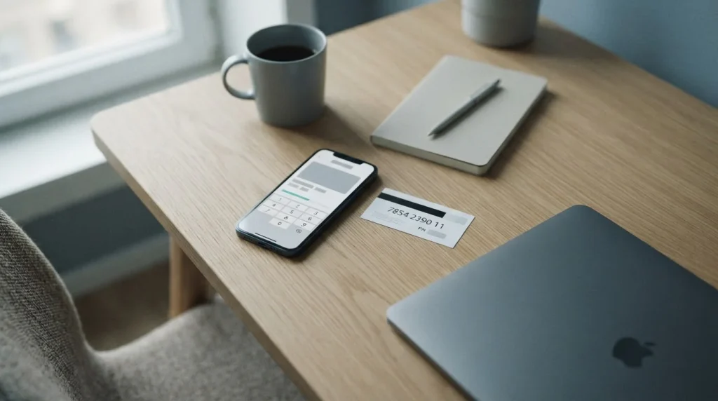 Smartphone mit abstrakter Zahlungsschnittstelle neben Neosurf-Prepaid-Voucher auf neutralem Schreibtisch