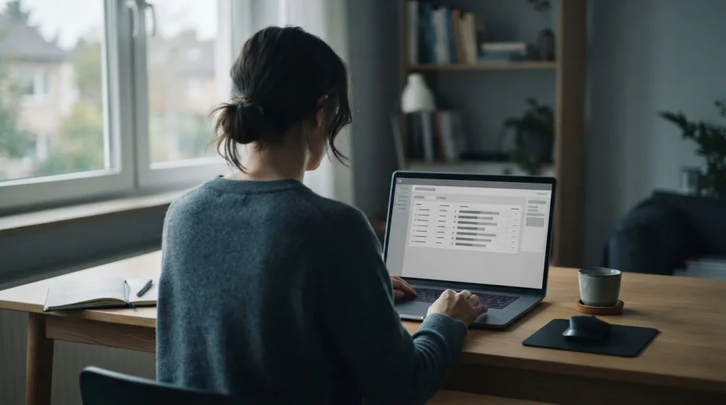 Person analysiert verschiedene Wettanbieter auf einem Laptop in neutraler Umgebung