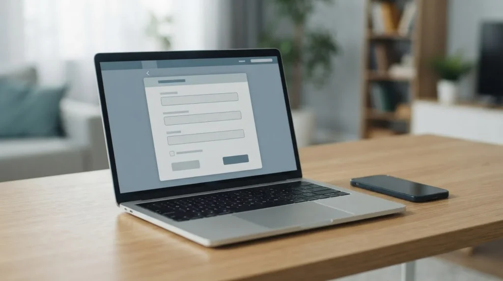 Laptop mit abstraktem Registrierungsformular ohne Ausweiskontrolle