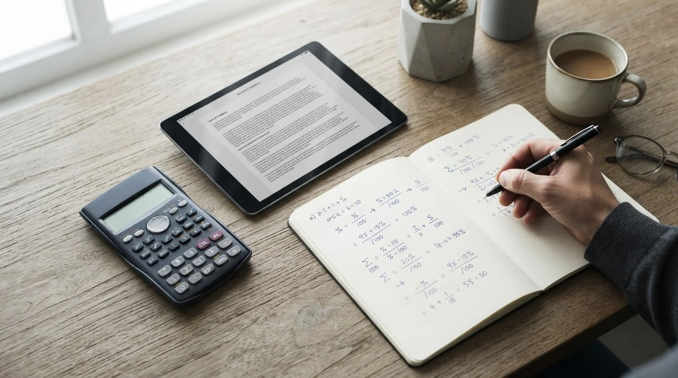 Schreibtisch mit Taschenrechner, Notizen und aufgeschlagenen Bonus-Bedingungen auf Tablet
