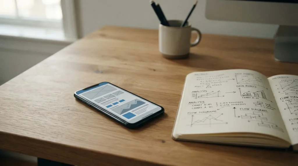 Smartphone mit neutraler Wett-App-Oberfläche auf aufgeräumtem Schreibtisch neben Notizblock mit technischen Kennzahlen