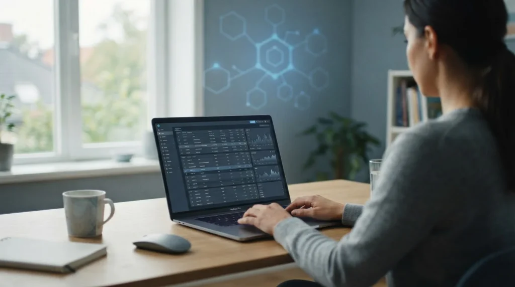 Laptop mit Sportwetten-Interface und symbolischer Blockchain-Darstellung auf modernem Schreibtisch