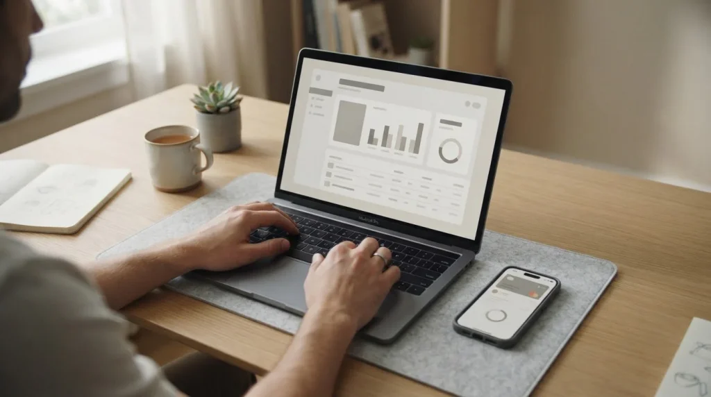 Person analysiert Wettanbieter-Optionen mit verschiedenen Mindesteinzahlungen am Laptop
