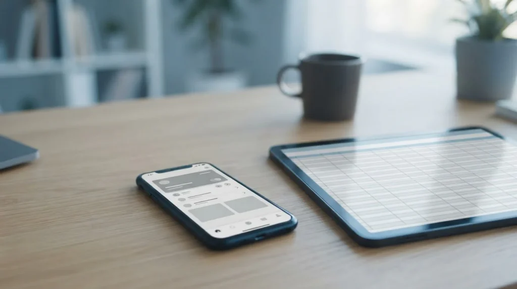 Smartphone mit Zahlungs-App auf einem Schreibtisch neben einem Tablet mit Wettanbieter-Vergleich