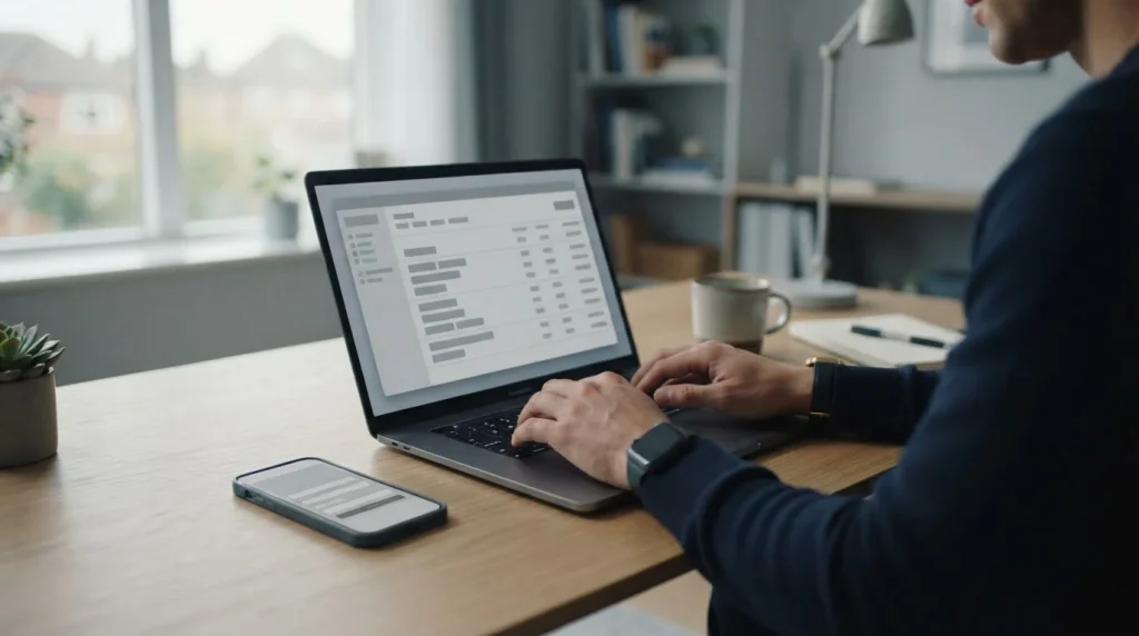 Desktop mit Laptop und Smartphone für digitale Zahlungen bei Wettanbietern