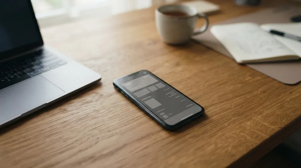 Smartphone mit Zimpler-Zahlungsoberfläche auf einem Schreibtisch in neutralem Licht