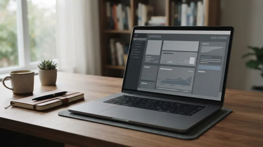 Laptop mit minimalistischer Wettplattform-Oberfläche auf Schreibtisch, symbolisiert schnellen Zugang ohne Registrierung