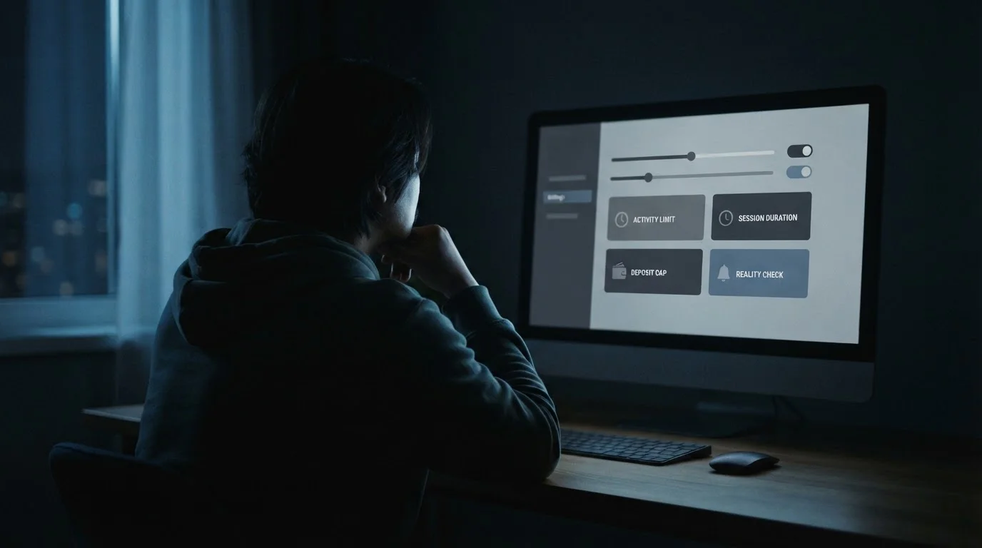 Silhouette einer Person vor Bildschirm mit Limit-Einstellungen, symbolisiert verantwortungsvolles Spielen