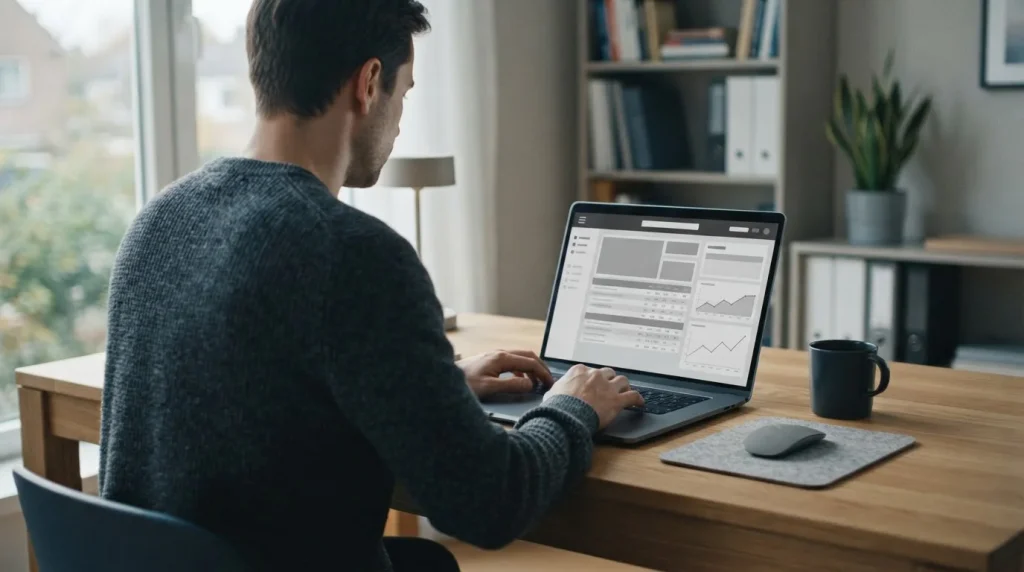 Ruhige Arbeitsumgebung mit Laptop und neutralem Wett-Interface ohne deutsche Limitierung