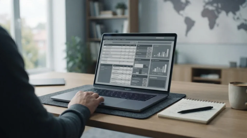 Desktop mit abstrakter Wettplattform und Weltkarte im Hintergrund