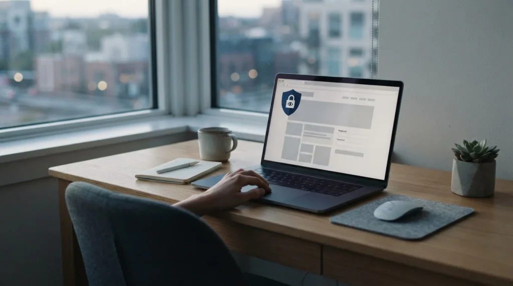 Laptop mit generischer Anmeldeoberfläche und Datenschutzsymbol