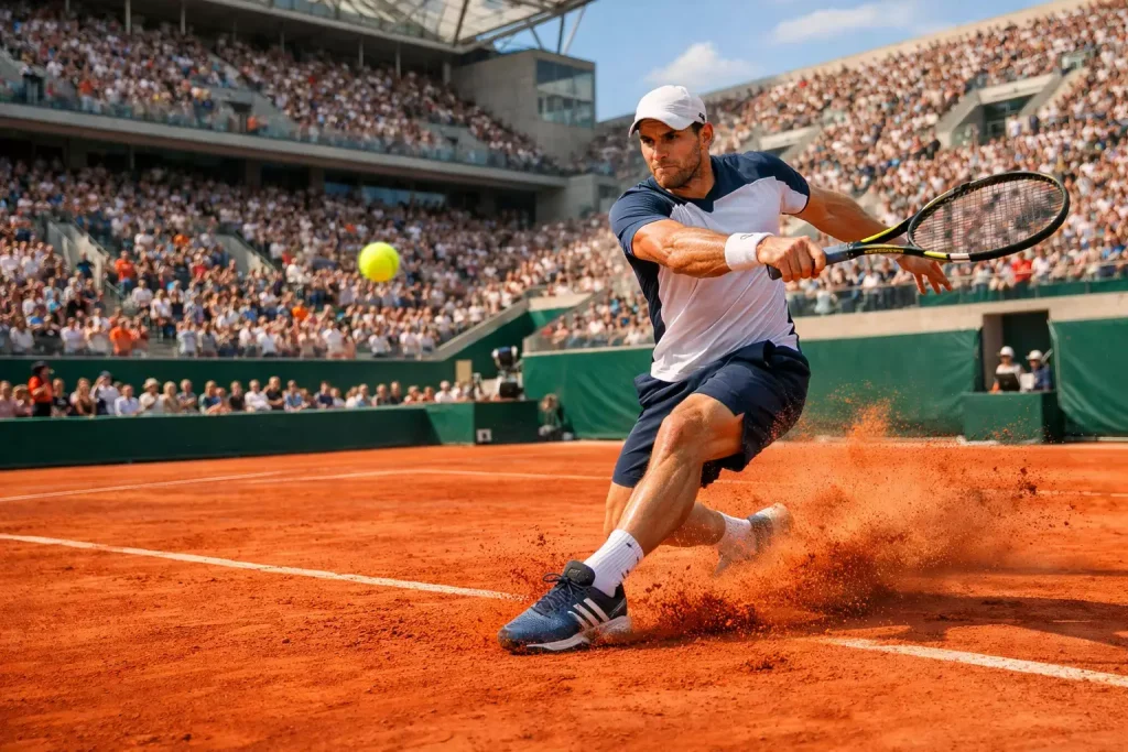 Tennisspieler in Aktion auf dem roten Sand des Court Philippe-Chatrier bei Roland Garros