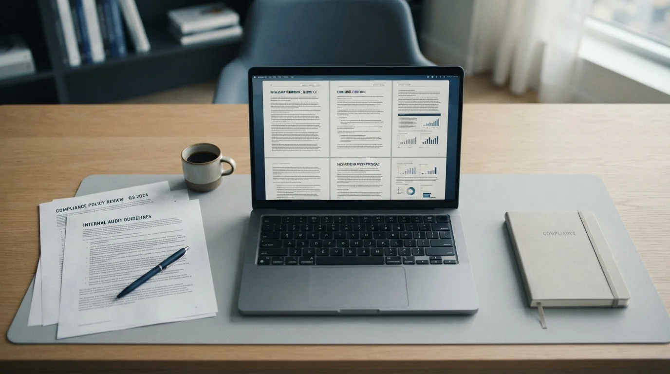 Dokumente und Laptop mit regulatorischen Informationen auf einem Schreibtisch