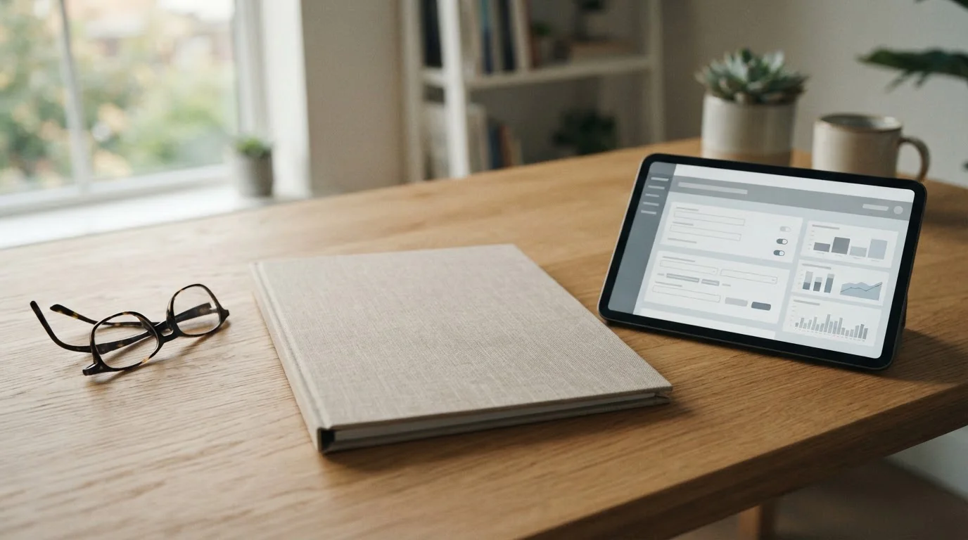 Dokumentenmappe mit amtlichen Unterlagen und Tablet mit Regulierungs-Interface auf Schreibtisch