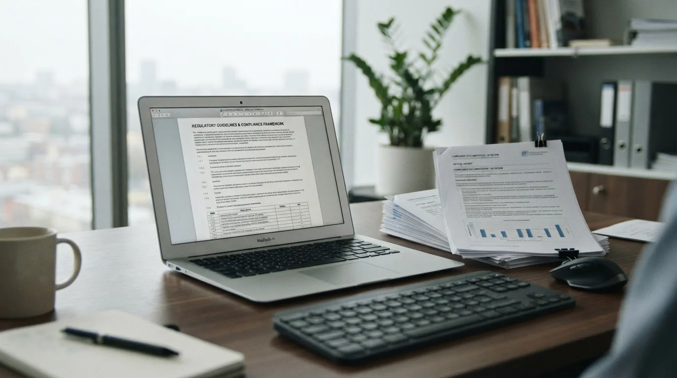 Offizielle Dokumente und Laptop zeigen Informationen zur GGL-Lizenzierung und Regulierung