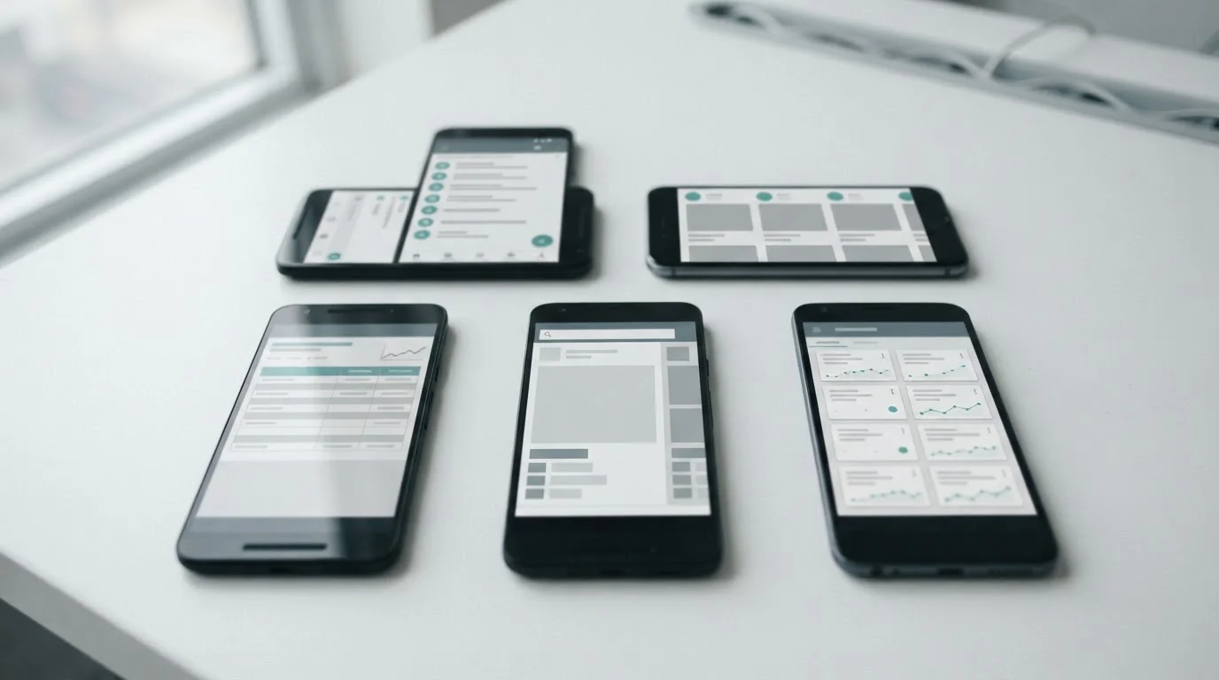 Mehrere Smartphones nebeneinander mit abstrakten App-Oberflächen für den Vergleich