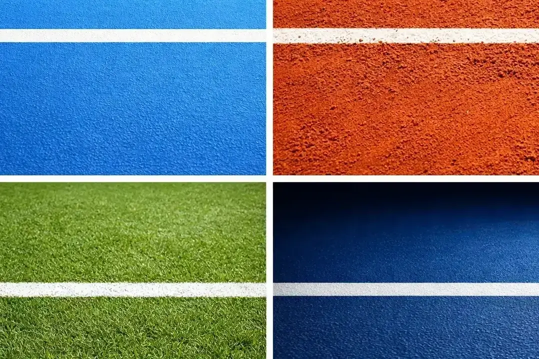 Vier verschiedene Tennisbeläge nebeneinander: Hartplatz, Sand, Rasen und Indoor