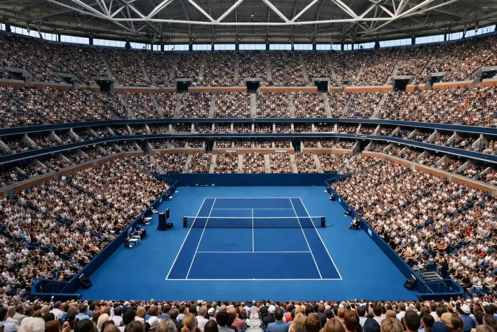 Tennisspieler hebt Pokal bei der Siegerehrung eines Grand-Slam-Turniers
