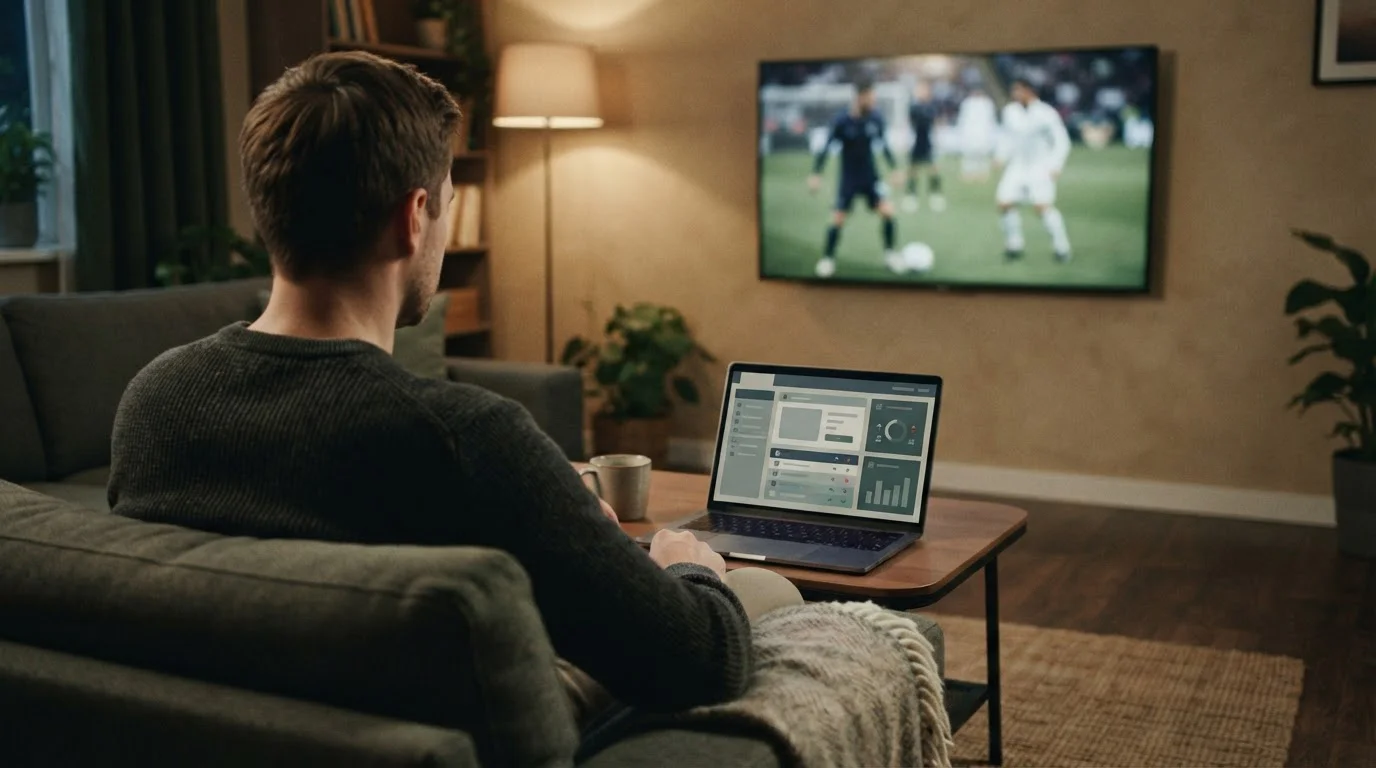 Laptop mit Sportwett-Interface während eines Fußballspiels im Hintergrund