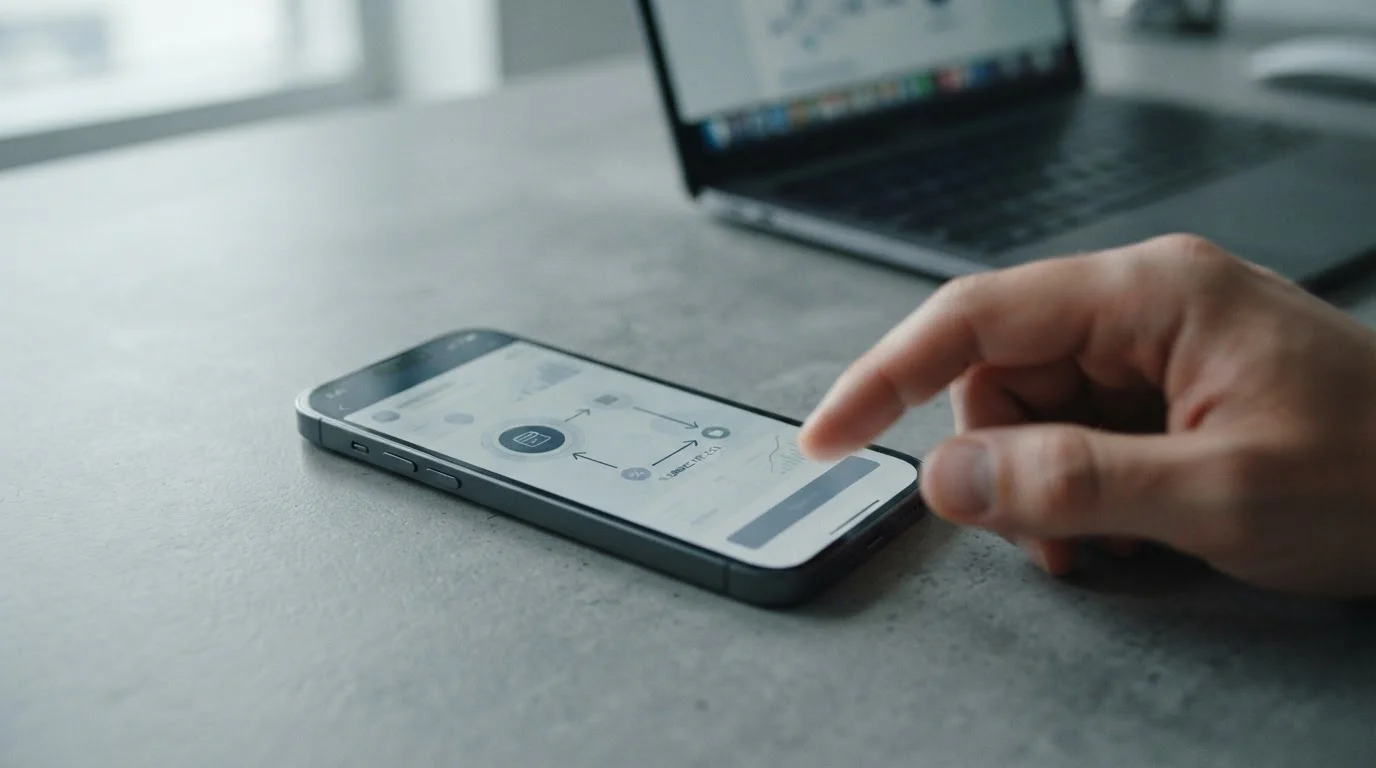 Smartphone mit abstrakter Krypto-Zahlungsoberfläche und Gebührenberechnung