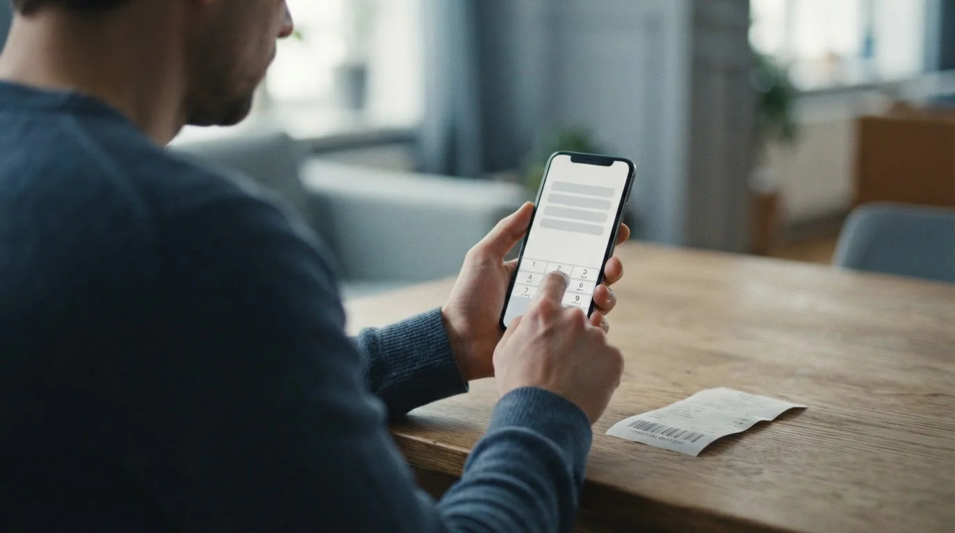 Person gibt Neosurf-Code in Zahlungsformular auf Smartphone ein, Nahaufnahme von Händen und Bildschirm