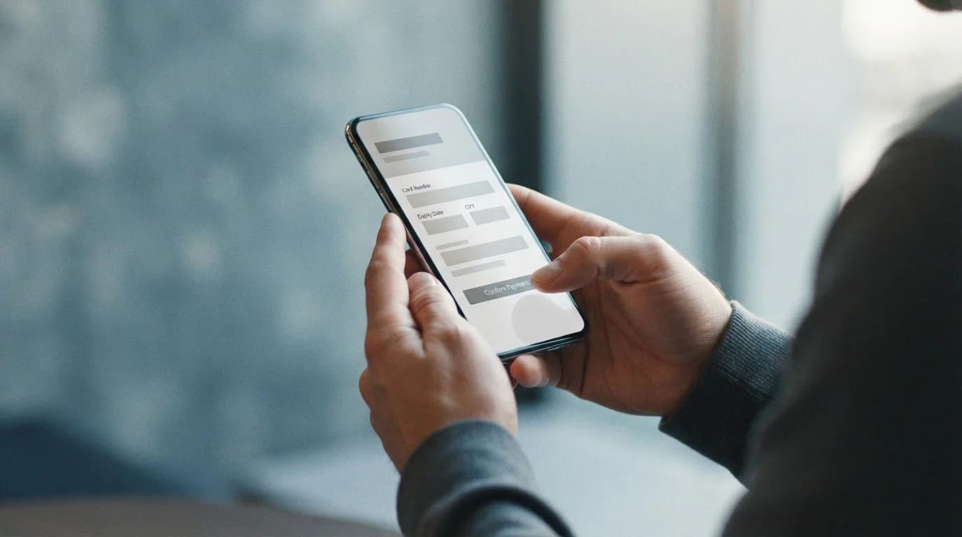 Smartphone in der Hand zeigt Zahlungsvorgang