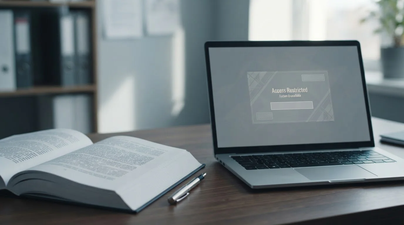 Offenes Gesetzbuch neben Laptop mit DNS-Sperre-Hinweis, symbolisiert rechtliche Regulierung