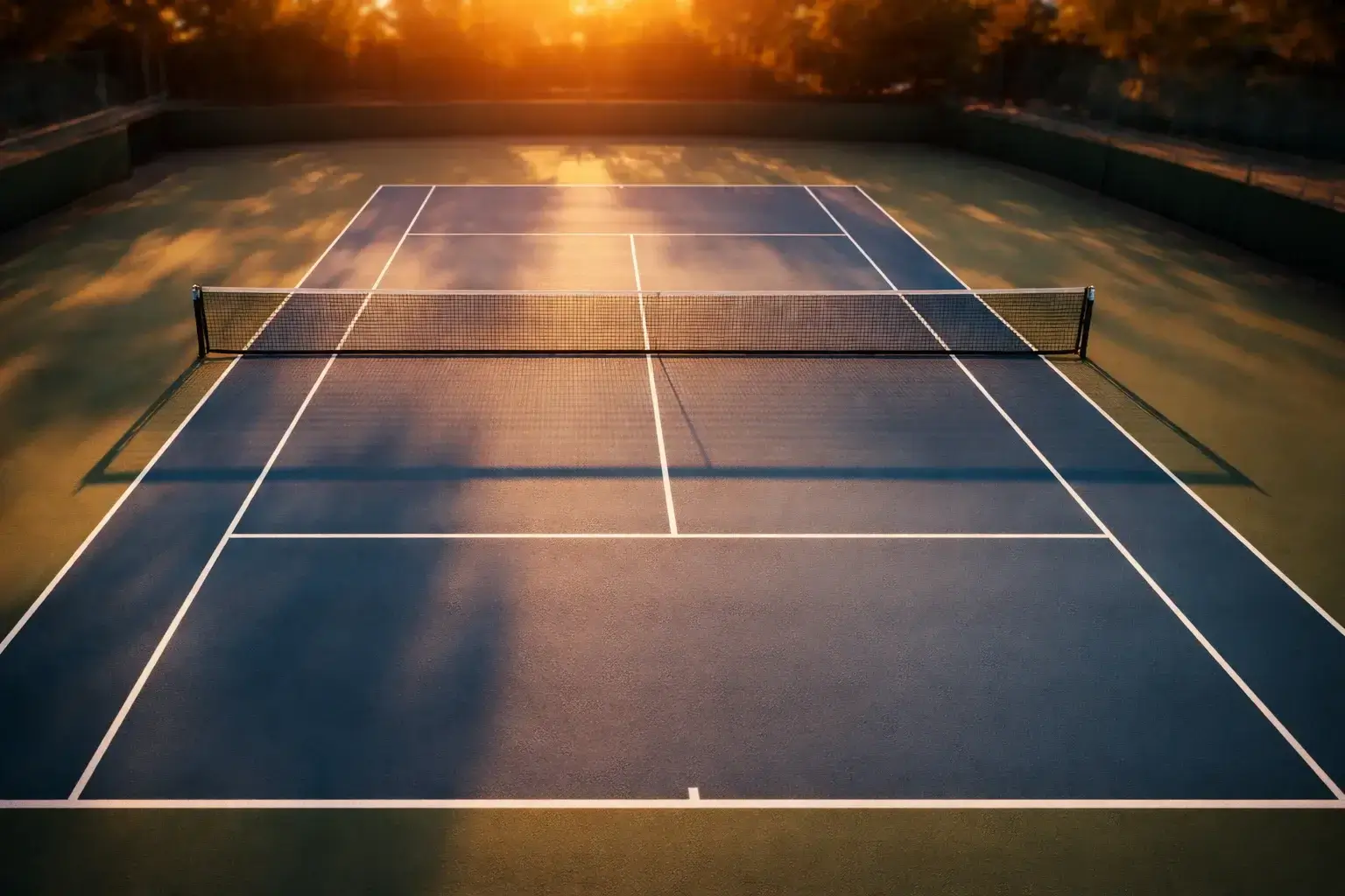 Tennisplatz aus der Vogelperspektive bei Sonnenuntergang mit langen Schatten