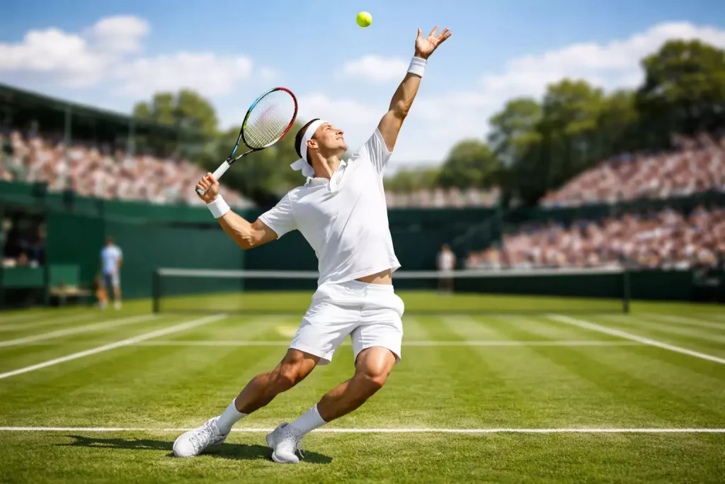 Tennisspieler beim kraftvollen Aufschlag auf Rasen