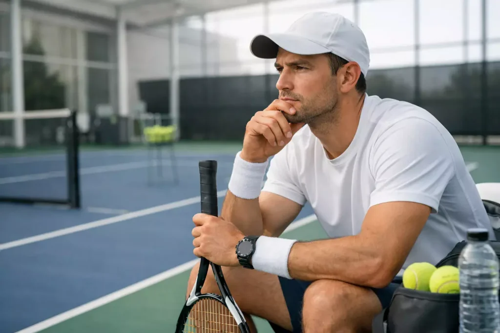 Professionelle Planung und Strategie symbolisiert durch fokussierten Tennisspieler beim Training