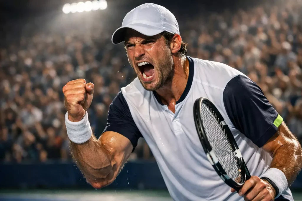 Entschlossener Tennisspieler ballt die Faust nach gewonnenem Comeback-Punkt