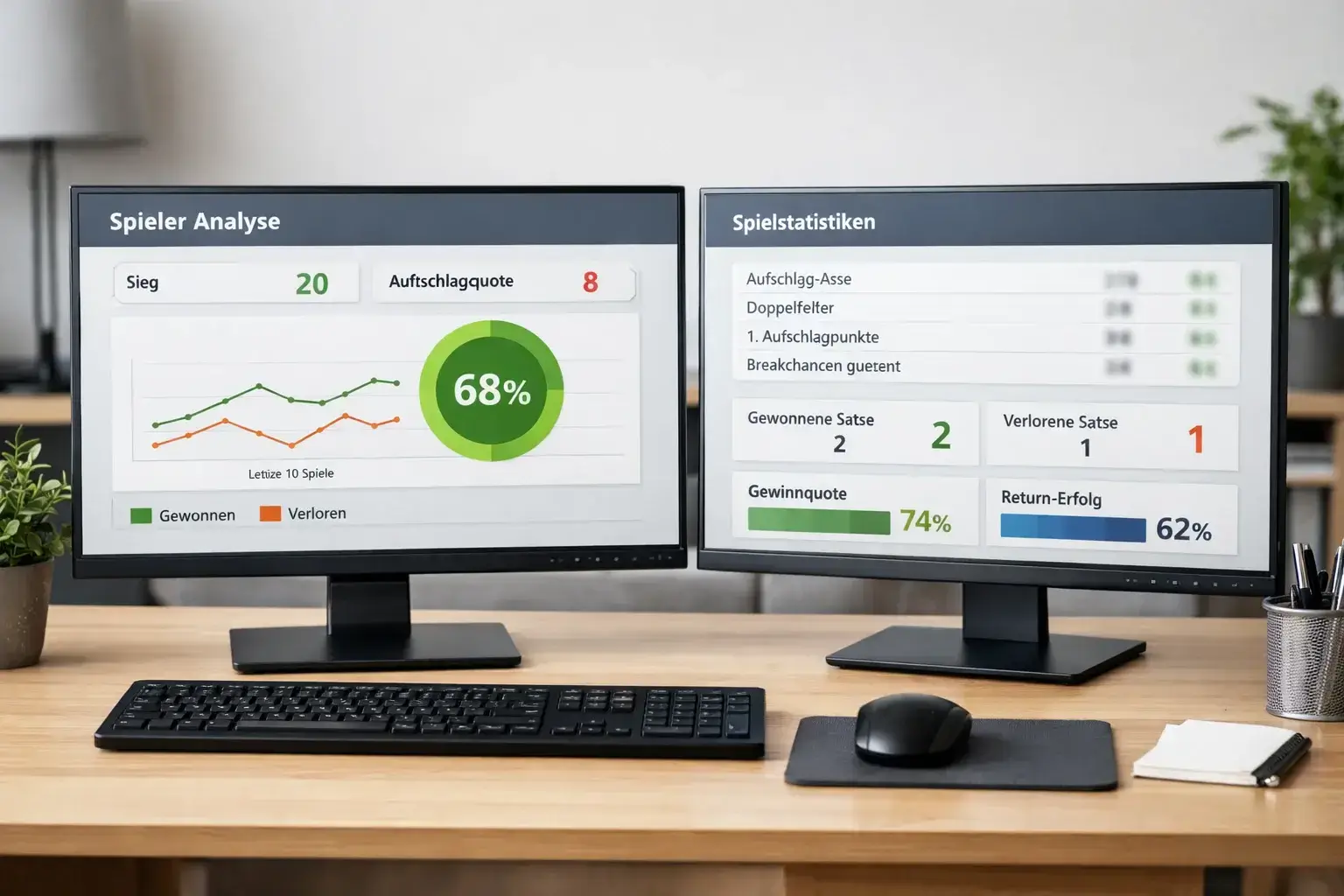 Desktop mit mehreren Bildschirmen zeigt Tennisstatistiken und Diagramme