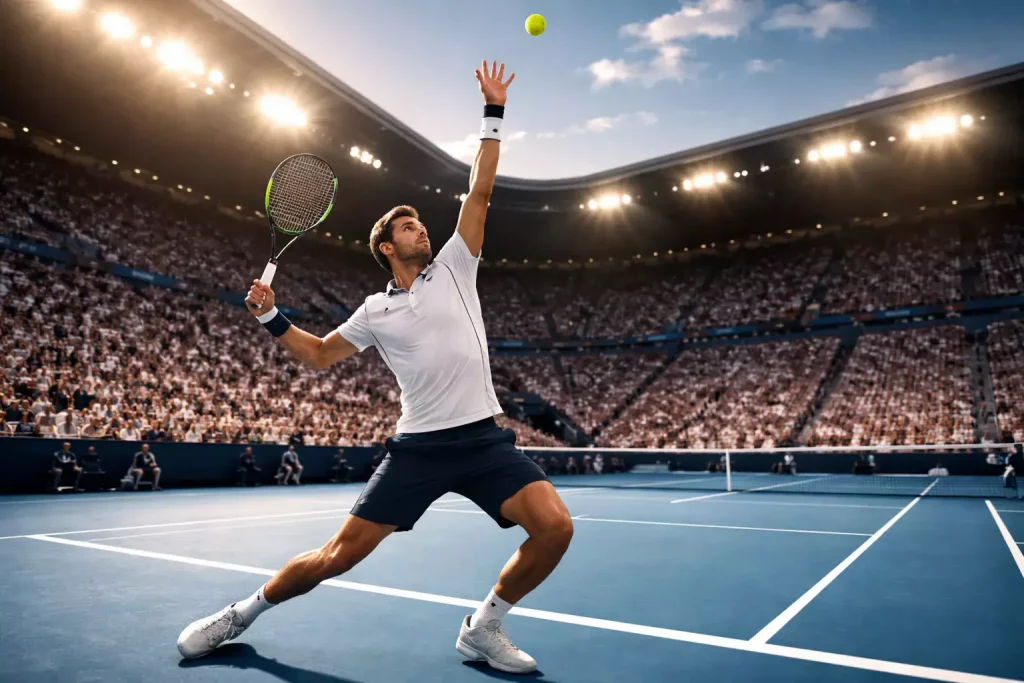 Dominanter Tennisspieler serviert selbstbewusst auf einem Grand-Slam-Court