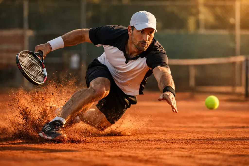 Tennisspieler beim intensiven Training auf Sandplatz