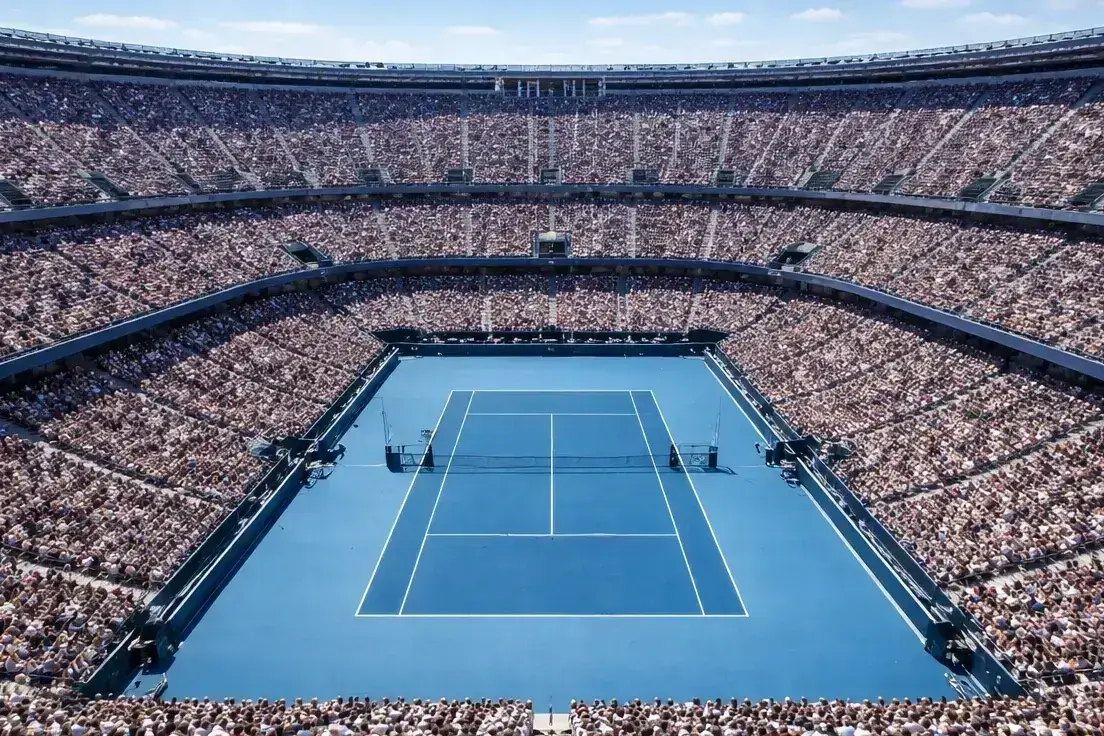 Tennisplatz bei einem Grand-Slam-Turnier mit vollen Zuschauerrängen und Spielern auf dem Court