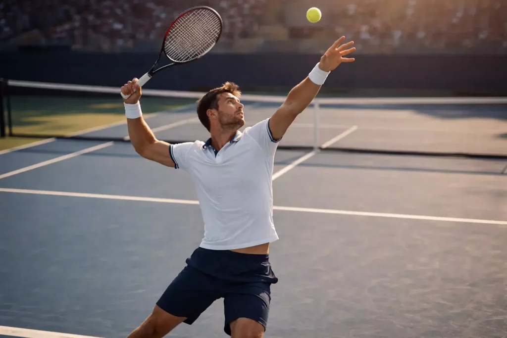 Tennisspieler beim kraftvollen Aufschlag auf einem Hartplatz bei Sonnenlicht