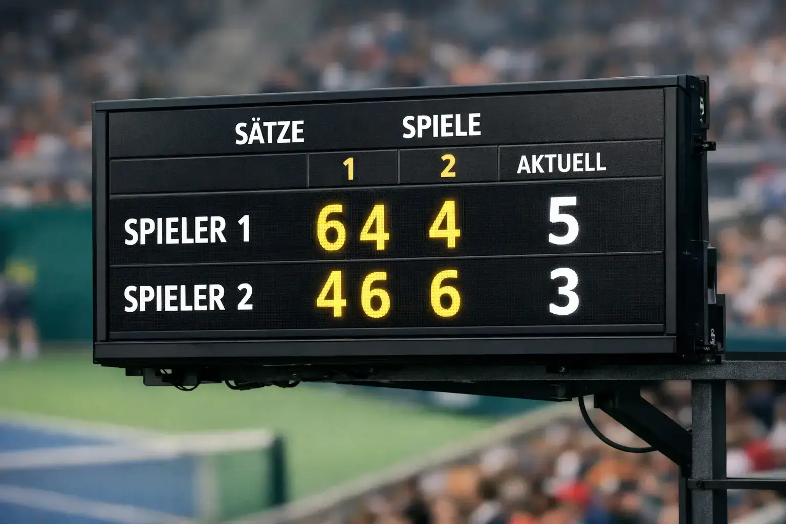Anzeigetafel mit Tennisergebnis bei einem professionellen Turnier