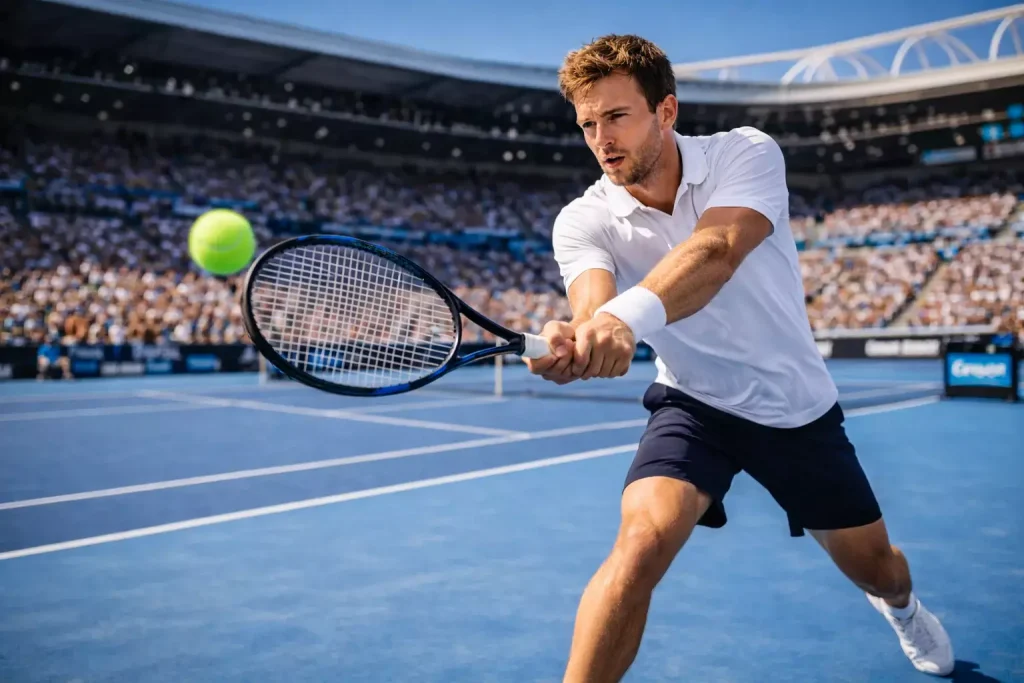 Dynamischer Tennisspieler beim Return auf blauem Hartplatz bei den Australian Open