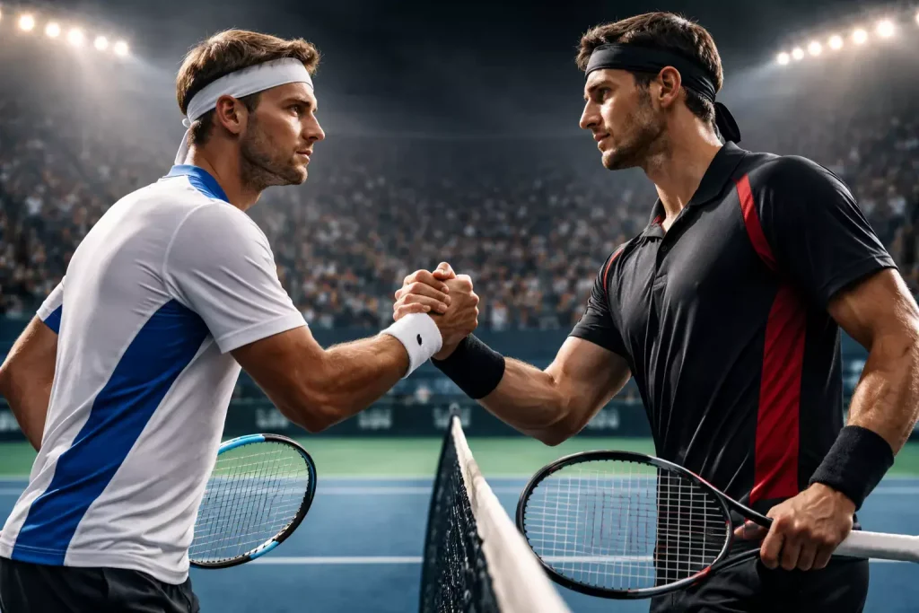 Zwei Tennisspieler am Netz vor einem wichtigen Match