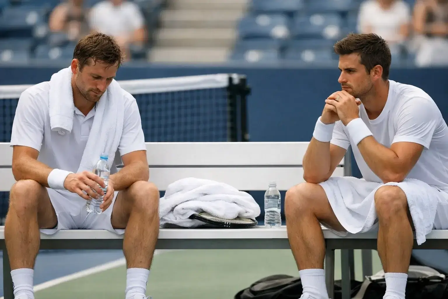 Zwei Tennisspieler beim Seitenwechsel auf der Bank während eines Matches