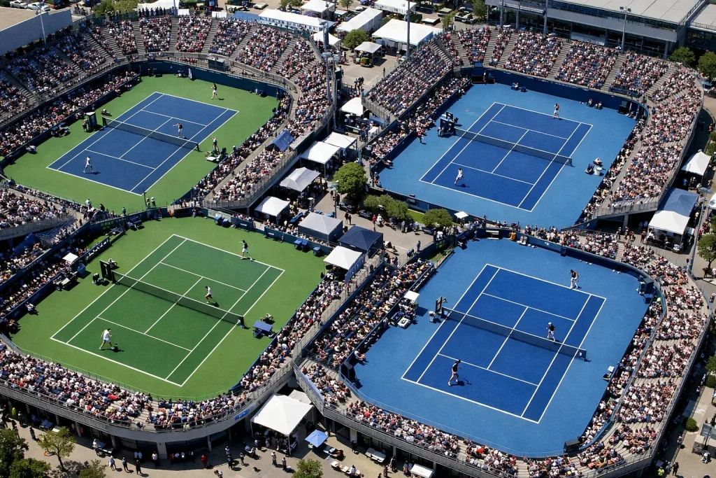Mehrere Tennismatches auf verschiedenen Courts eines großen Turniers aus der Vogelperspektive