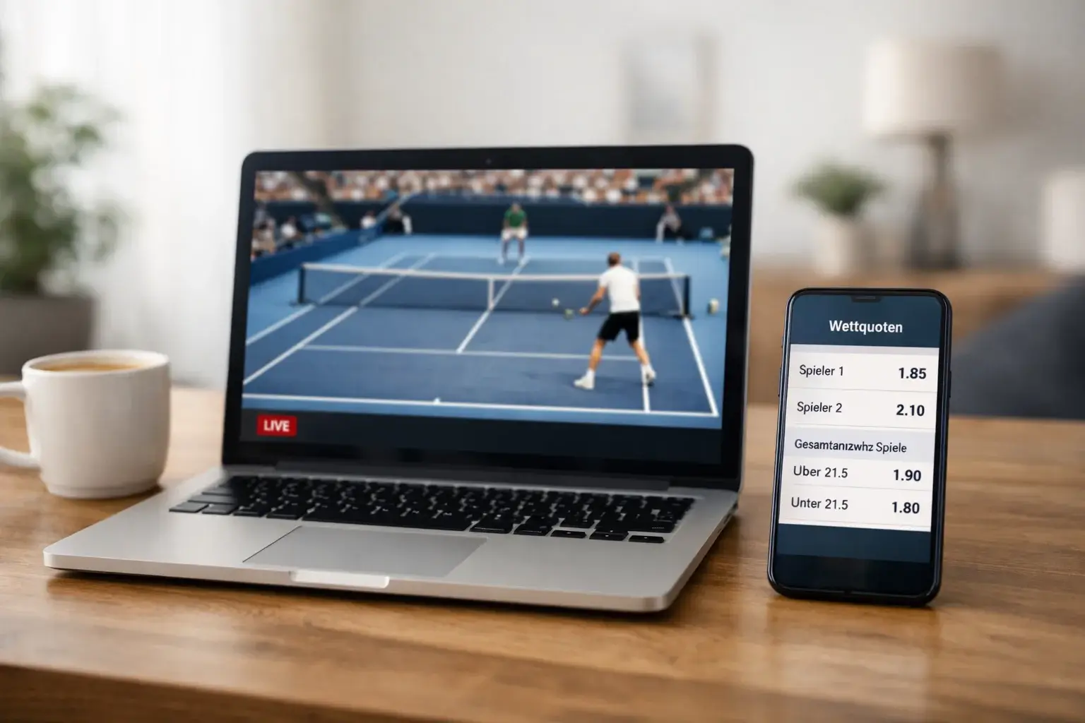 Laptop mit Tennis-Livestream und Smartphone mit Wettquoten auf einem Schreibtisch