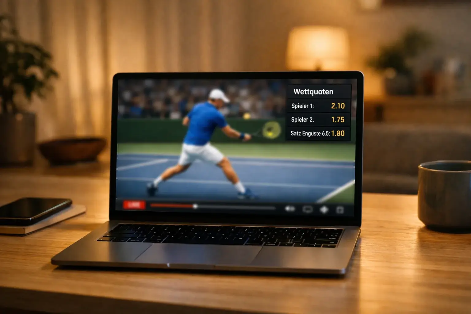 Laptop zeigt Tennis-Livestream während eines Matches